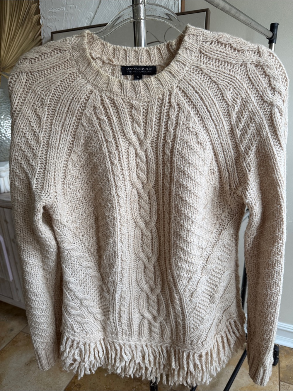 Banana Republic Beige Cable Knit Fringe Crew Sweater
